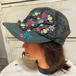 Sale! Vintage Embroidered Green Cap with Jewel Accents